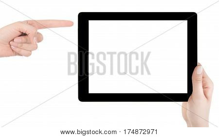 Hand Holding A Tablet Computer With White Screen. Woman Hands Showing Empty Screen Of Modern Digital