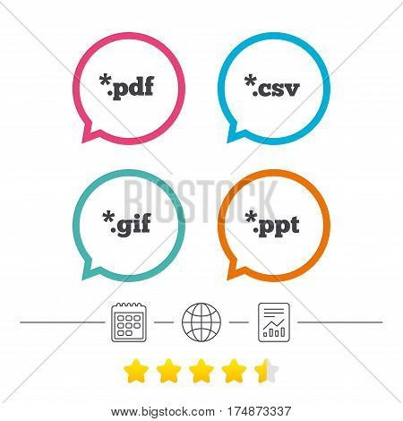 Document icons. File extensions symbols. PDF, GIF, CSV and PPT presentation signs. Calendar, internet globe and report linear icons. Star vote ranking. Vector
