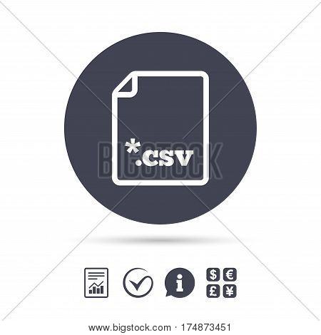 File document icon. Download tabular data file button. CSV file extension symbol. Report document, information and check tick icons. Currency exchange. Vector
