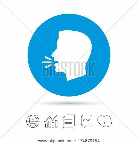 Talk or speak icon. Loud noise symbol. Human talking sign. Copy files, chat speech bubble and chart web icons. Vector