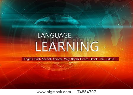 Learn Foreign Languages Graphical Background with Earth Globe and Language Learning Text on Transparent Bar. 3d illustration 3d render