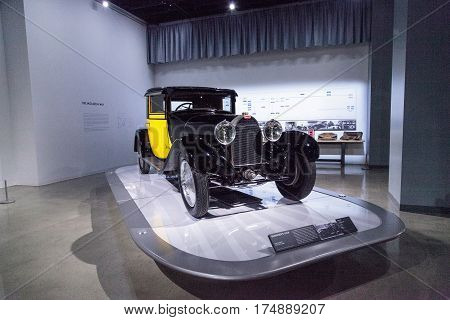 Los Angeles CA USA -- March 4 2017: Yellow and black 1929 Bugatti Type 44 Fiacre at the Petersen Automotive Museum in Los Angeles California United States. Editorial only.