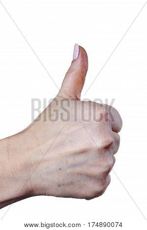 Female hand with thumbs up positive gesture on white