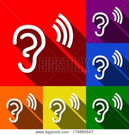 Human ear sign. Vector. Set of icons with flat shadows at red, orange, yellow, green, blue and violet background.