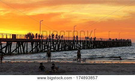 Beach sunset horizon Australian seaside sea jetty silhouettes people