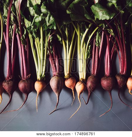 Mix Of Red And Gold Beets On Grey Background. Food Background. Concept Of Healthy Eating