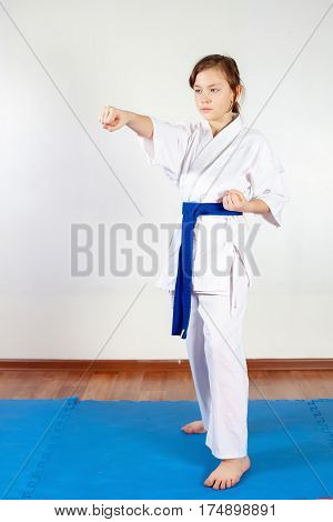Children During Training In Karate. Fighting Position