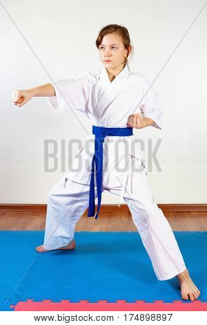 Children During Training In Karate. Fighting Position