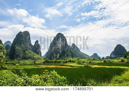 The karst mountains and rural scenery in summmer