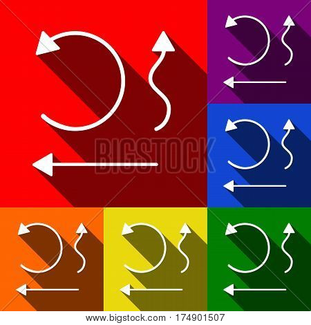 Simple set to Interface Arrows Vector. Set of icons with flat shadows at red, orange, yellow, green, blue and violet background.