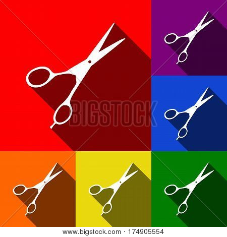 Hair cutting scissors sign. Vector. Set of icons with flat shadows at red, orange, yellow, green, blue and violet background.