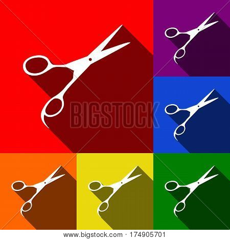 Hair cutting scissors sign. Vector. Set of icons with flat shadows at red, orange, yellow, green, blue and violet background.