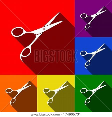 Hair cutting scissors sign. Vector. Set of icons with flat shadows at red, orange, yellow, green, blue and violet background.