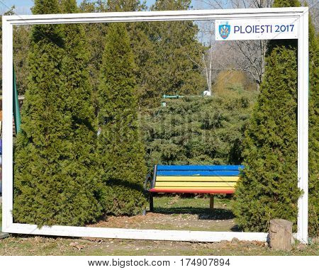 Bucov Ploiesti Romania - March 04 2017 : Ploiesti 2017 photo frame at Memorial Park Constantin Stere