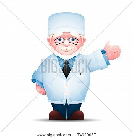 Elderly medical worker pointing in one direction. Full length portrait of senior man in white lab coat isolated on white background.