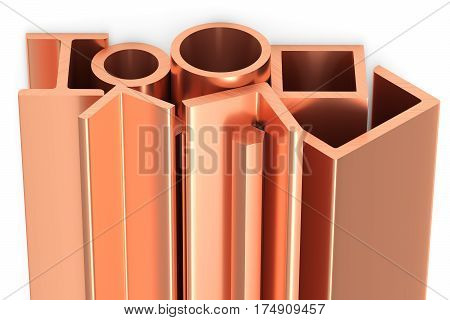 Shiny Rolled Copper Metal Products On White