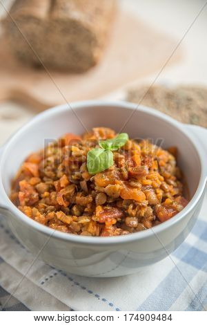 Home made tomato lentil soup in a bowl