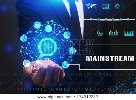 Business, Technology, Internet And Network Concept. Young Businessman Working On A Virtual Screen Of