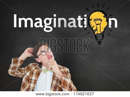 Confused nud man looking at imagination text with electric bulb against grey background