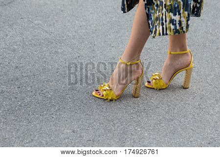 MILAN ITALY - FEBRUARY 25: Detail of shoes outside Antonio Marras fashion show during Milan Women's Fashion Week on FEBRUARY 25 2017 in Milan.