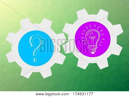 Digitally generated image of question mark and electric blub in gear