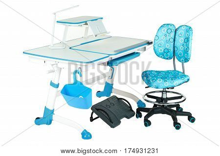 Blue chair school table blue basket desk lamp and black support under legs on the white isolated background.