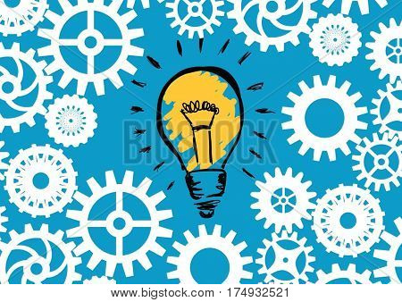 Digitally generated image of light blub around gears and cogs