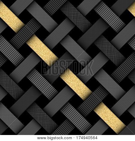 Seamless background pattern. Interweaving black pattern with a gold strip in a material design style.