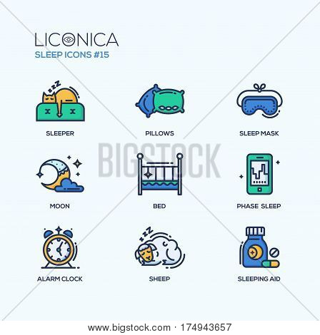 Sleep - coloured vector modern single line icons set.