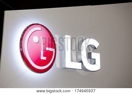 Moscow, Russia - February, 2016: LG company logo on the wall. LG is a South Korean multinational conglomerate corporation