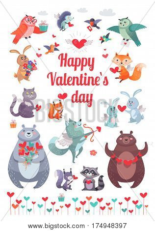 Greeting happy Valentine s day card with different animals in flat design. Rabbits and bears, foxes near owl birds, wolf with raccoon holding presents. Celebrating vector poster in cartoon style.