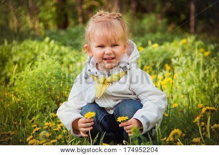 Cute little girl on the dandelions meadow in spring day