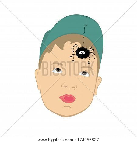 surprised face boy in a cap with a spider