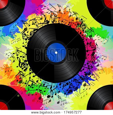 Seamless texture with a vinyl record music notes and rainbow watercolor splash. Vector musical pattern for your creativity