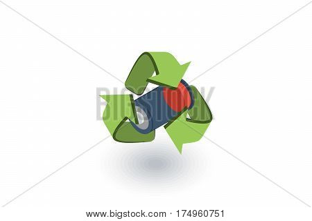 Used batteries with green recycling symbol isometric flat icon. 3d vector colorful illustration. Pictogram isolated on white background