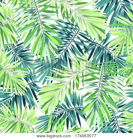 Bright green background with tropical plants. Seamless vector exotic pattern with phoenix palm leaves. Vector illustration.