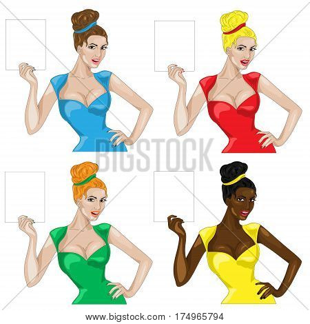 Girls with different hair and plates in their hands