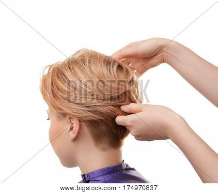 Hairdresser working with client on white background