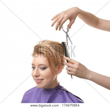 Hairdresser working with client on white background
