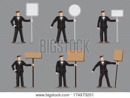 Set of six vector illustration of cartoon man in black formal suit with bow tie holding blank sign post of different shapes isolated on grey background.