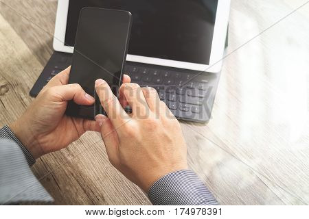 Hand Using Mobile Payments Online Shoppingomni Channelicon Customer Networkin Modern Office Wooden D