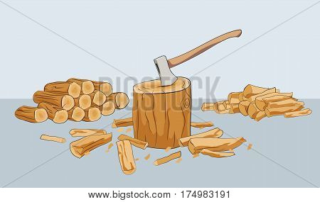 Chopped firewood logs with stump and axe
