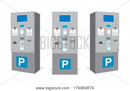 Parking ticket machine at garage. Set of parking vending machine from different sides