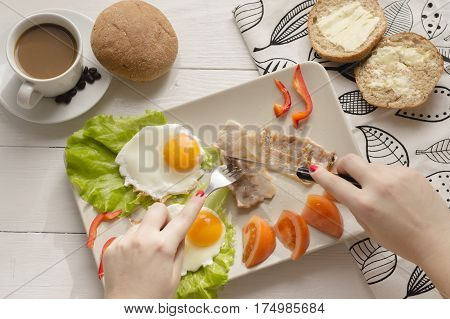 Breakfast of eggs and bacon. Good morning