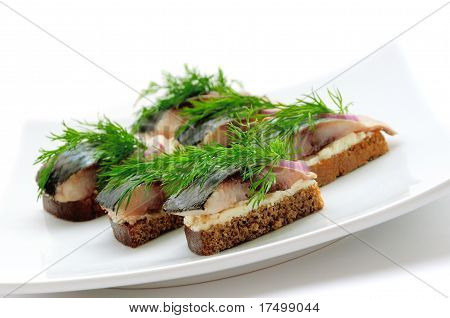 Sandwiches von Roggenbrot mit Hering, Zwiebeln und Kräutern.