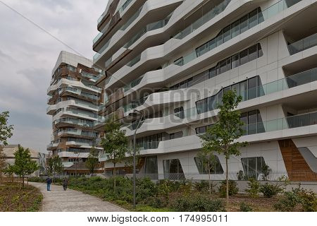 MILAN ITALY-September 2015: Urban Geometry of new modern residential building houses of City Life business and residential district in Milan. Designed by Zaha Hadid Architects