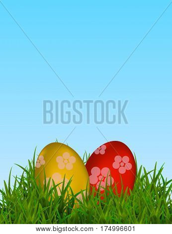 Happy Easter Vector Typography background with place for your text message with colored eggs and green grass on the blue background. Vector Illustration EPS10