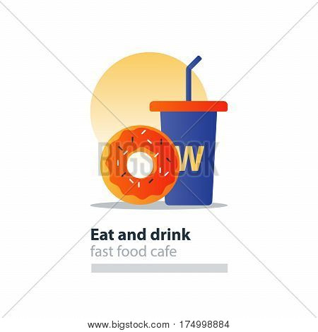 Doughnut and tumbler glass with straw, fast food cafe concept, sweet donut with frosting and sprinkes, vector flat design illustration