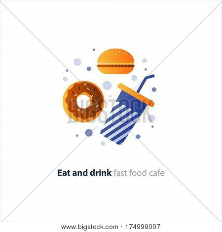 Doughnut And Tumbler Glass With Straw, Fast Food Cafe Concept, Sweet Donut With Frosting And Sprinke