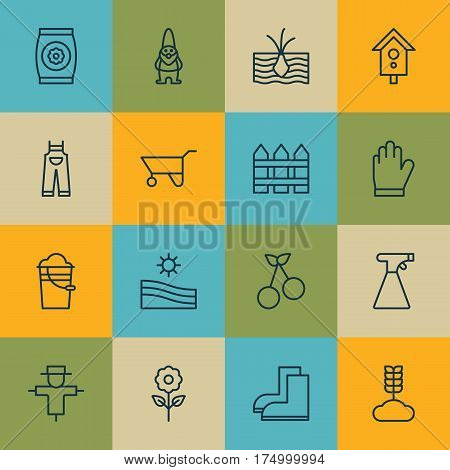 Set Of 16 Agriculture Icons. Includes Bugbear, Garden Clothes, Decorative Plant And Other Symbols. Beautiful Design Elements.